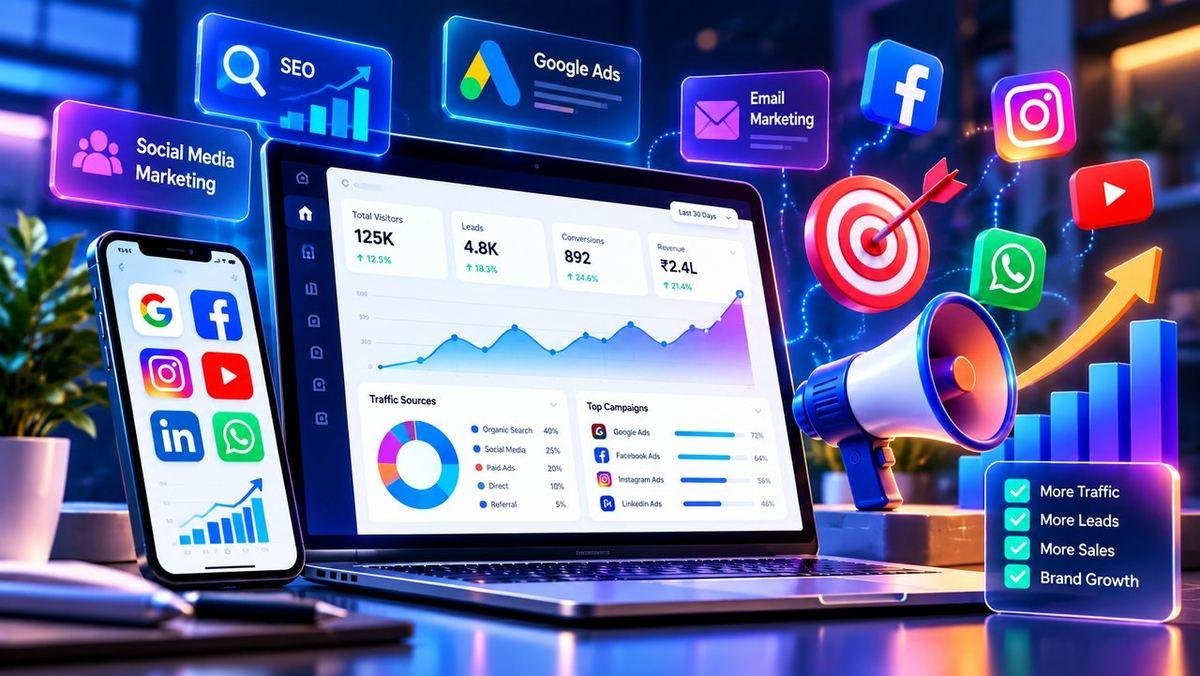 A marketing dashboard on a laptop, surrounded by icons for SEO, social media, email marketing and online advertising
