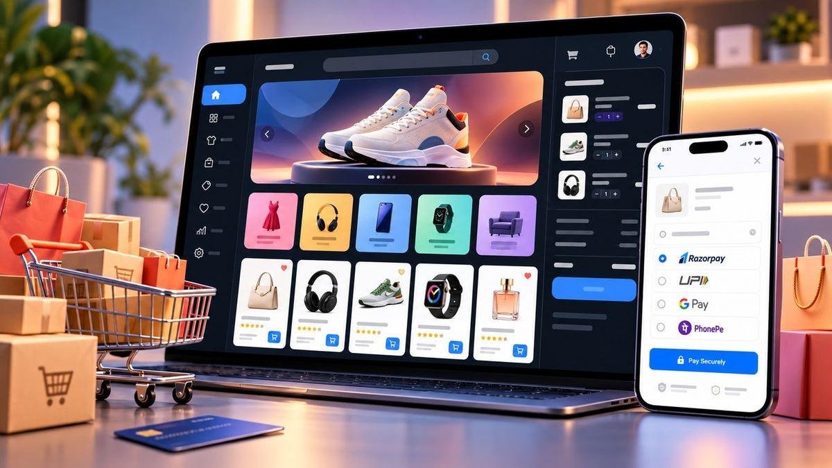 An online store on a laptop with product listings and a cart, and a phone showing the secure checkout with UPI payment options