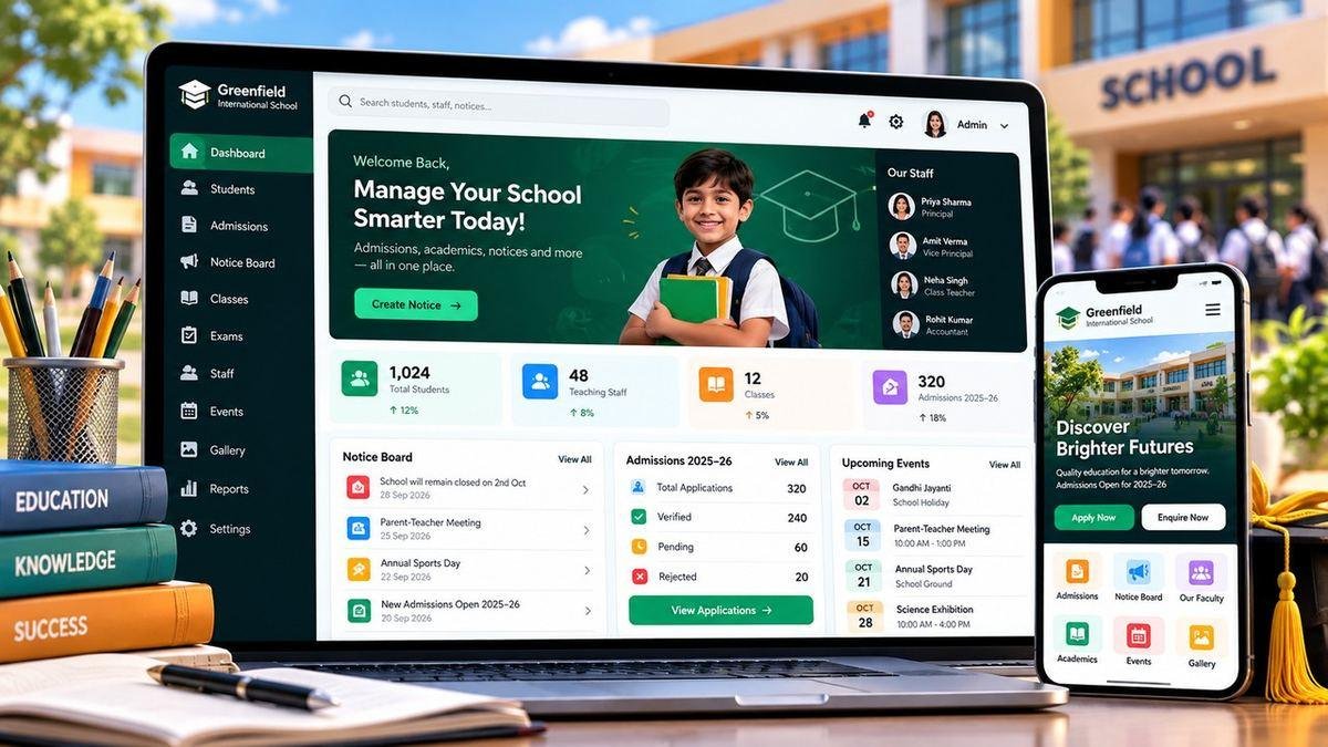 A school website and admin dashboard on a laptop and phone, with notice board, admissions, staff and events sections