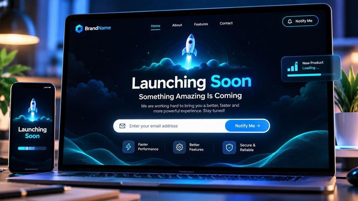 A product launch landing page on a laptop and phone, with a rocket, a Launching Soon headline and an email sign-up form