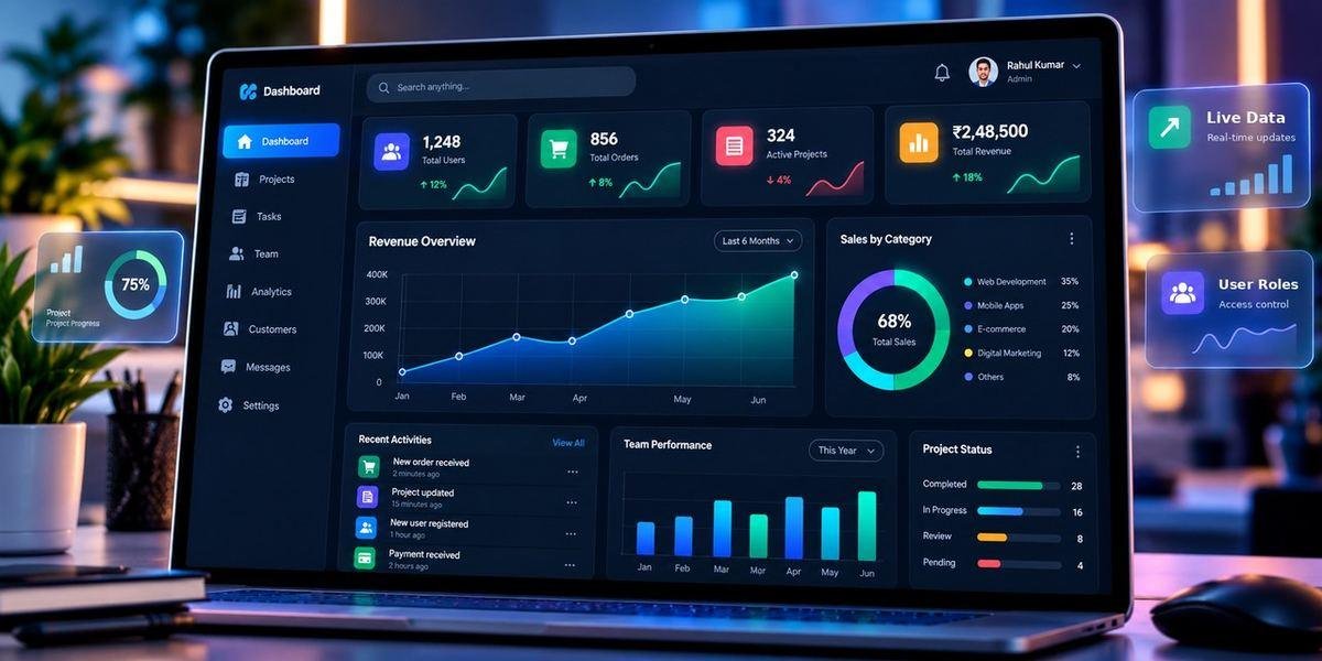 An operations dashboard on a laptop with charts, team performance and project status panels, beside cards for live data and user roles